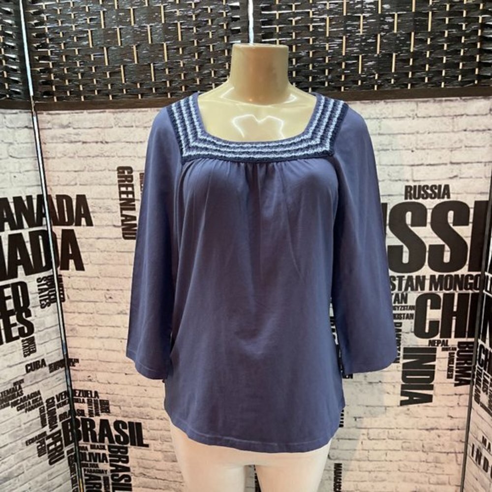 Denim & Co. M Blue Crochet Square Neckline 3/4 Sleeve Tee